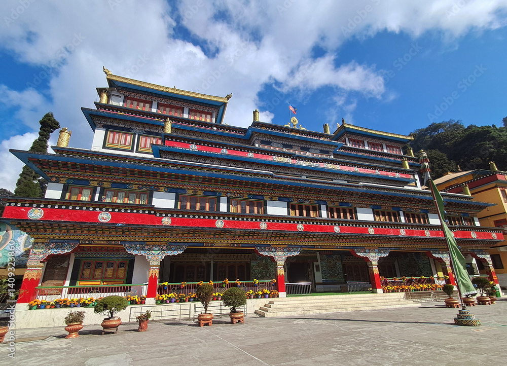 Fototapeta premium The colorful giant Drukpa Kagyud Monastery also known as Dali Monastery in Darjeeling. It was built by monk Kyabje Thuksey Rinpoche with Tibetan designed in 1971 and now a popular tourist place here.