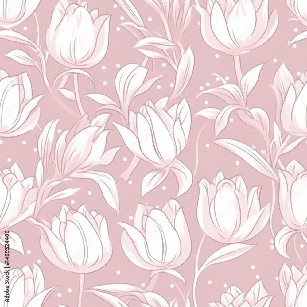 White Tulip seamless pattern on a pink background White Tulip seamless pattern on a pink background