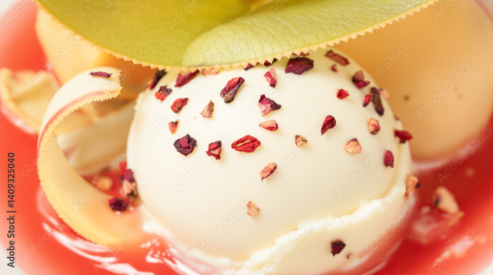 close-up of creamy white ice cream scoop with red flower petals and red sauce close-up of creamy white ice cream scoop with red flower petals and red sauce