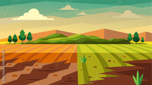 The barren field stood as a striking contrast to the lush farms nearby a harsh reminder of the fickleness of nature and its devastating consequences.. Vector illustration
