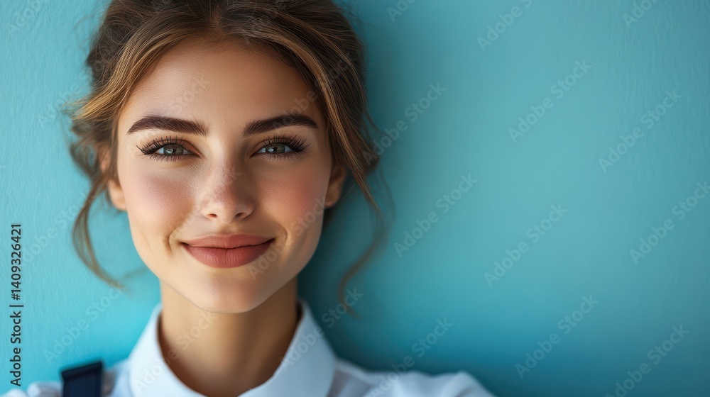 Smiling Stewardess Posing on a Blue Backdrop for Travel and Airline Promotions Smiling Stewardess Posing on a Blue Backdrop for Travel and Airline Promotions
