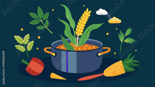Dried corn and herbs added to the pot infusing the stew with rich and complex flavors.. Vector illustration