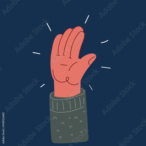 Cartoon vector illustration of a hand raised upwards, symbolizing success, aspiration, and positivity against dark background