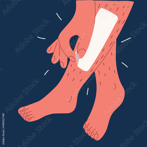 Cartoon vector illustration of a hand performing a depilation, symbolizing personal care, beauty routine, and smooth skin against dark background