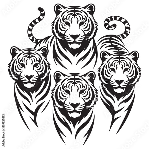 Set of big tigers. Collection of portraits of predatory wild cats. Set of wildlife and fauna dwellers. Vector Black silhouettes. illustration on a white background. Tattoo.