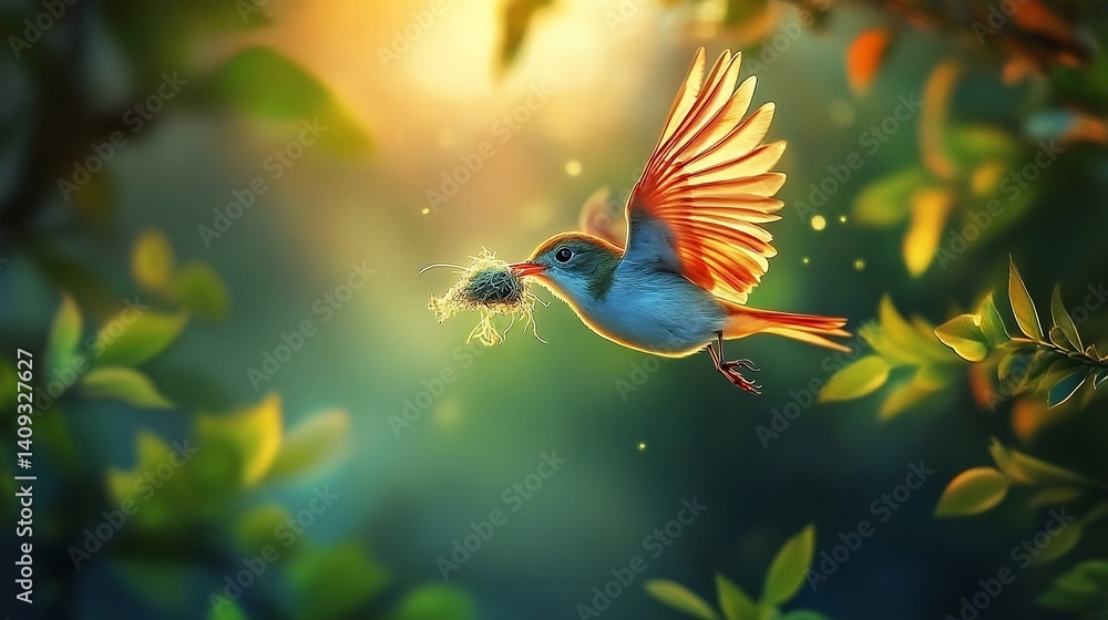 Bird flies with nesting material in forest, sunlit background. Nature concept Bird flies with nesting material in forest, sunlit background. Nature concept