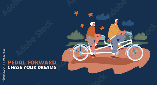 Cartoon vector illustration of people riding a tandem bicycle, symbolizing teamwork, collaboration, and shared goals against dark background