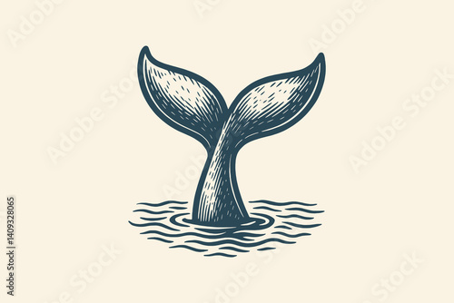 Engraved whale tail emerging from water in vintage black line style