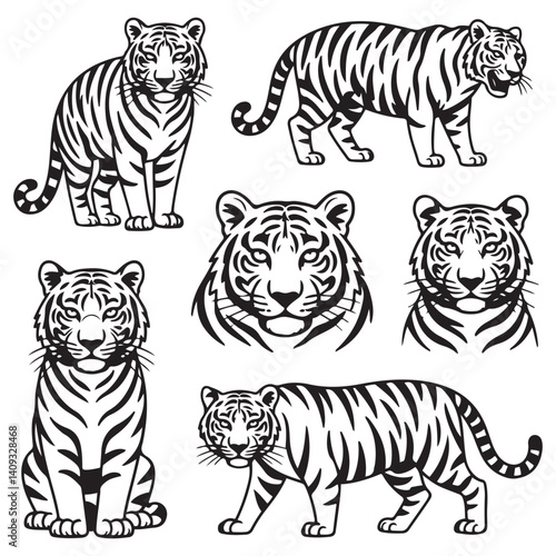 Set of big tigers. Collection of portraits of predatory wild cats. Set of wildlife and fauna dwellers. Vector Black silhouettes. illustration on a white background. Tattoo.