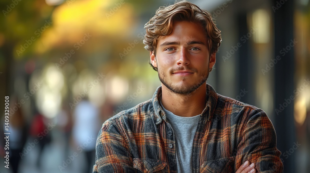 Fototapeta premium Young man in casual wear, natural side light, soft background - modern simplicity and relaxed confidence