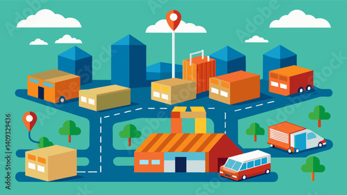 Outside the city massive warehouses hold and sort packages for distribution to various points within the logistics network.. Vector illustration