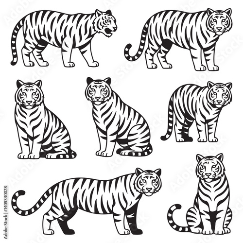 Set of big tigers. Collection of portraits of predatory wild cats. Set of wildlife and fauna dwellers. Vector Black silhouettes. illustration on a white background. Tattoo.