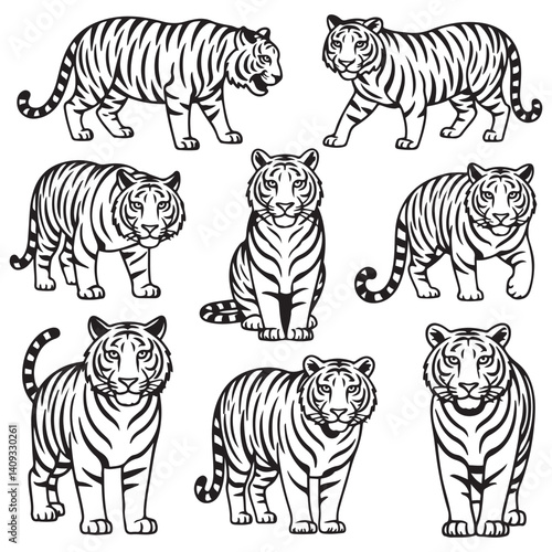 Set of big tigers. Collection of portraits of predatory wild cats. Set of wildlife and fauna dwellers. Vector Black silhouettes. illustration on a white background. Tattoo.
