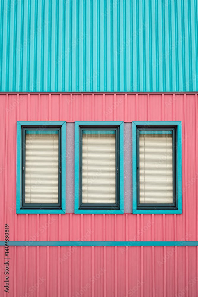 Fototapeta premium three windows with beige blinds on a pink and teal building