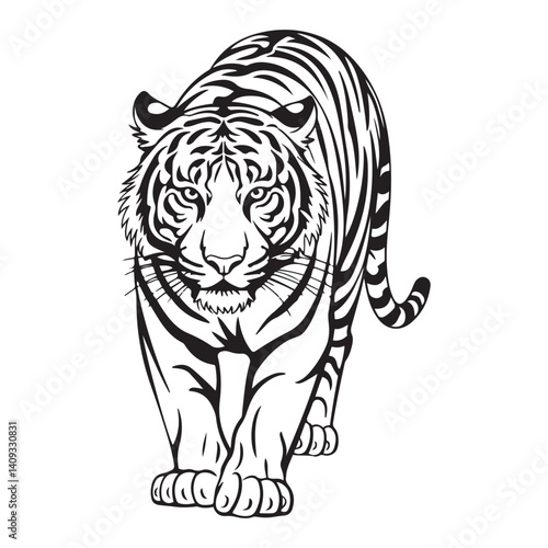 Set of big tigers. Collection of portraits of predatory wild cats. Set of wildlife and fauna dwellers. Vector Black silhouettes. illustration on a white background. Tattoo.
