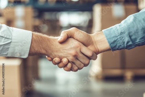 Close-Up of Two Hands Shaking in a Warehouse with Boxes in Background Demonstrating Business Agreement or Partnership in Professional Setting