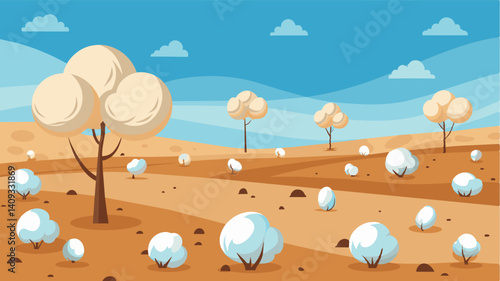 Little tufts of shriveled cotton dotting the vast dusty landscape a grim reminder of the failed harvest.. Vector illustration