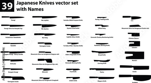 Japanese Knives Vector Silhouettes Set with Names 39 Knife Types