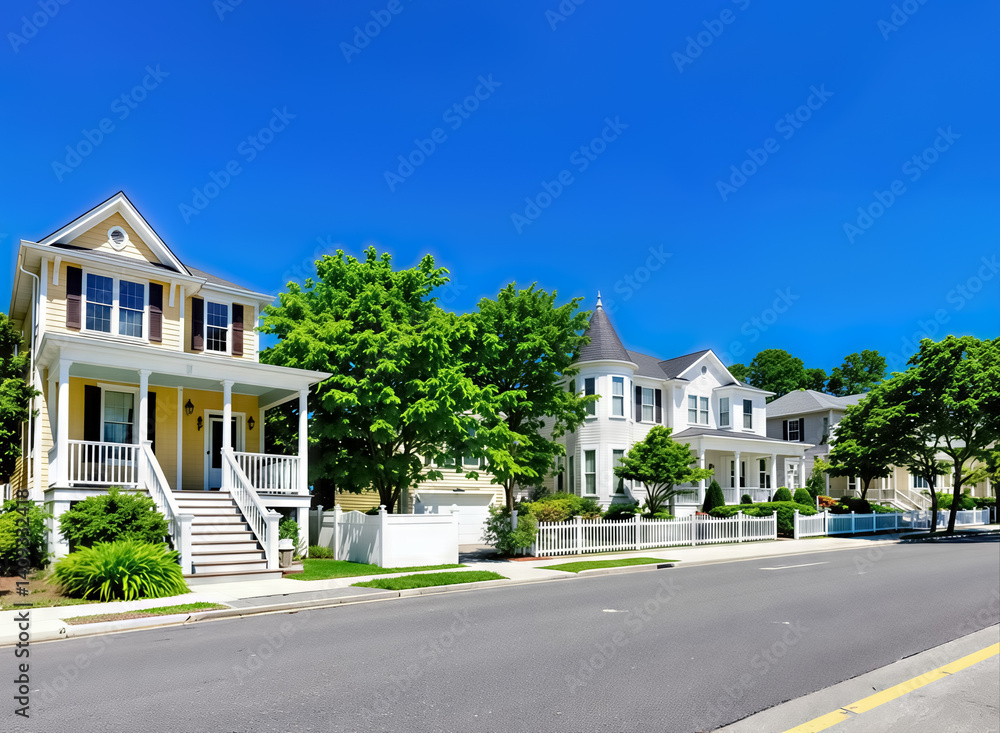charming houses a tree-lined street on a sunny day charming houses a tree-lined street on a sunny day