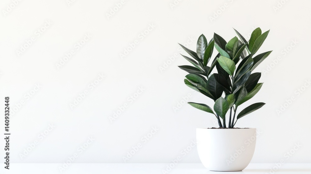 Stylish Zanzibar Gem in White Pot Against a Minimalist Backdrop for Home Decor Stylish Zanzibar Gem in White Pot Against a Minimalist Backdrop for Home Decor