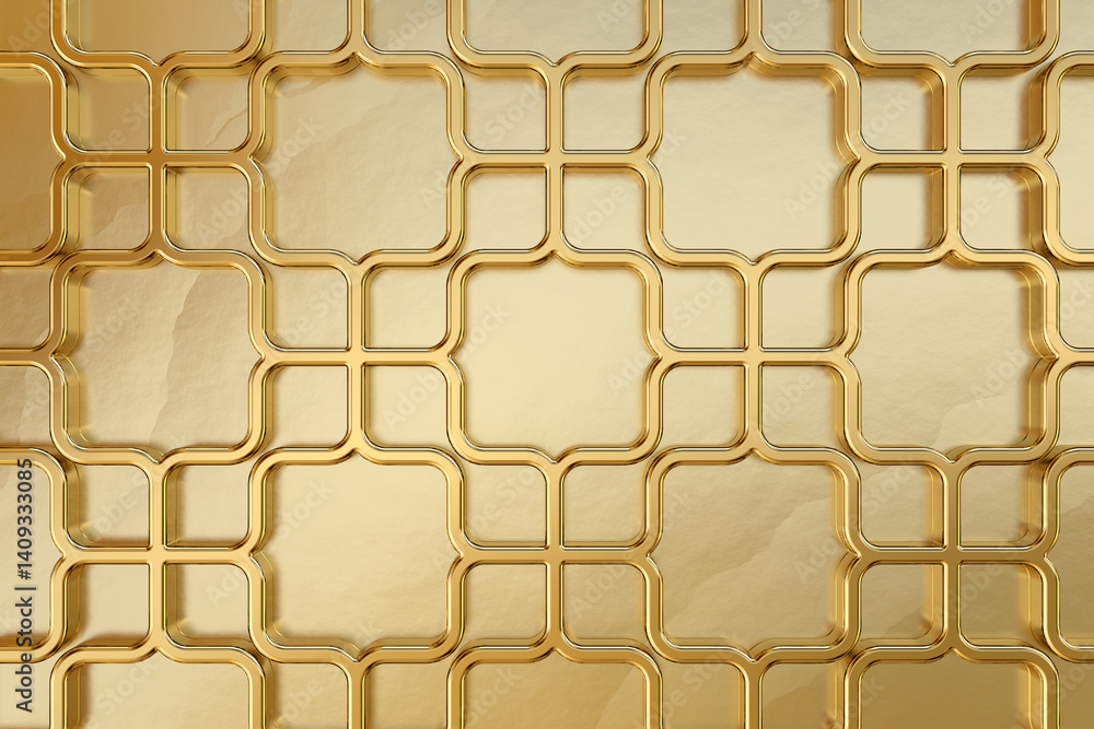 Elegant gold ornamental pattern with interlocking quatrefoil shapes in luxurious metallic finish, conveys opulence and sophistication, 3d rendering