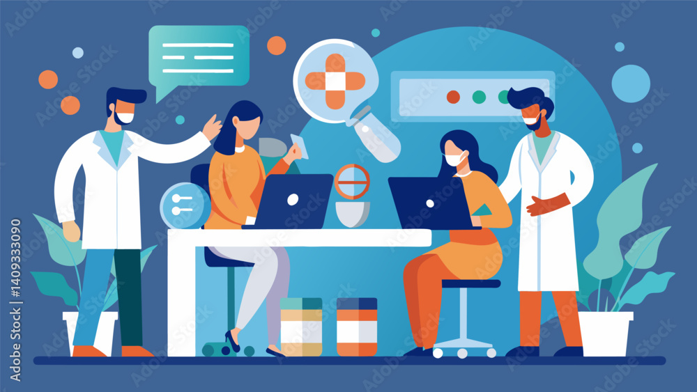A team of pharmacologists utilizing big data analytics to assess the safety and effectiveness of a new medication.. Vector illustration A team of pharmacologists utilizing big data analytics to assess the safety and effectiveness of a new medication.. Vector illustration