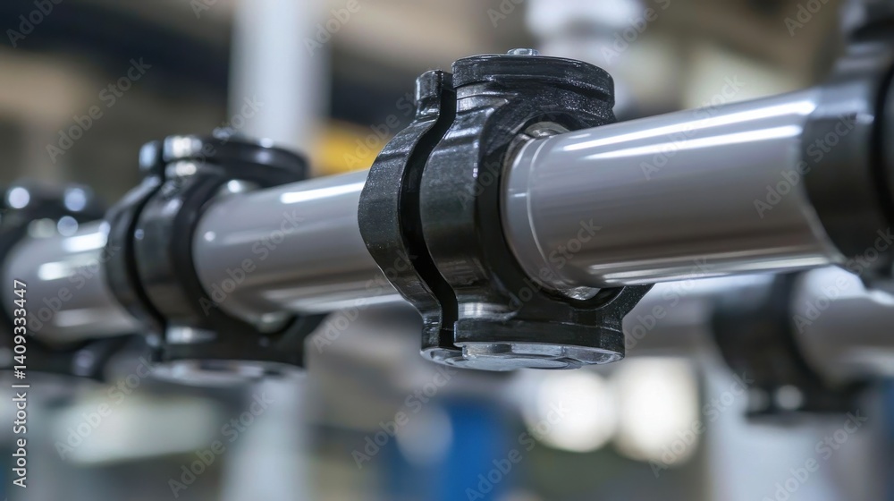 Industrial close-up of precision-engineered pipe fittings in a manufacturing facility setting Industrial close-up of precision-engineered pipe fittings in a manufacturing facility setting