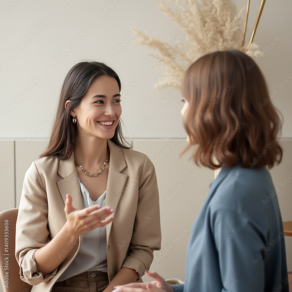 two smiling women in business attire engaging in a productive discussion two smiling women in business attire engaging in a productive discussion