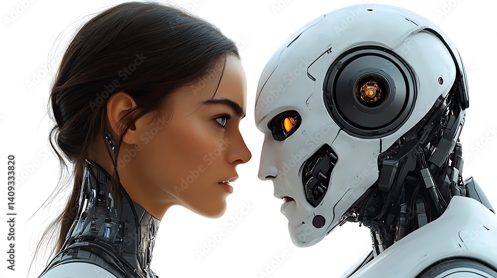 Fototapeta premium Human and robot face-off, a futuristic encounter.