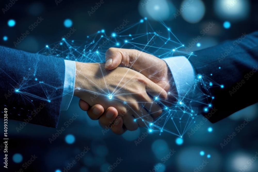 Hands Shaking in a Business Agreement with Digital Network Overlay Representing Technology and Collaboration in Modern Work Environment