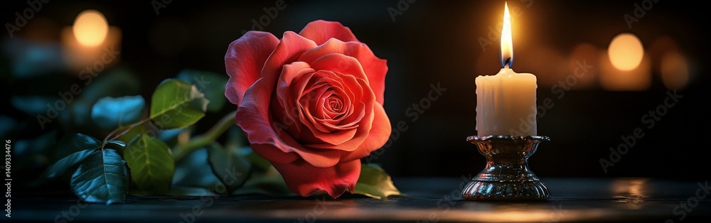 Candle and Red Rose on Black Background, Romantic or Memorial Tribute Concept Candle and Red Rose on Black Background, Romantic or Memorial Tribute Concept