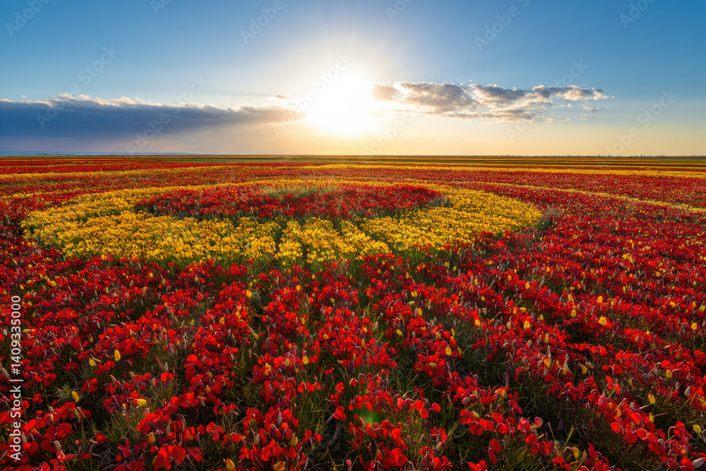 Fototapeta premium Vibrant red and yellow flower field at sunset with circular pattern