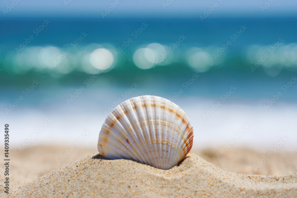 Seashell on sandy beach with ocean waves in the background