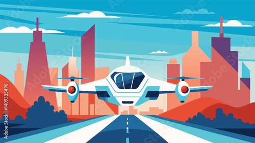 In the distance the hum of eVTOL takeoffs and landings could be heard as travelers marveled at the futuristic aircraft with their sleek designs and advanced technology.. Vector illustration