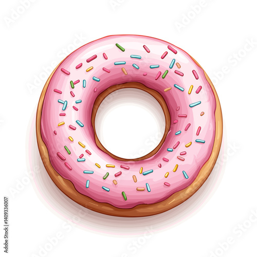 Colorful strawberry glazed donut with sprinkles in a clean cartoon vector style, no shadow, isolated on white background