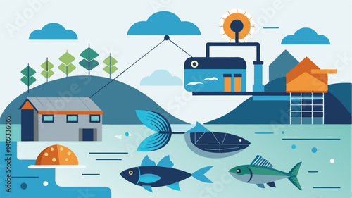 By utilizing precision aquaculture technology smart aquaculture management minimizes the environmental impact of fish farming while maximizing outputs.. Vector illustration