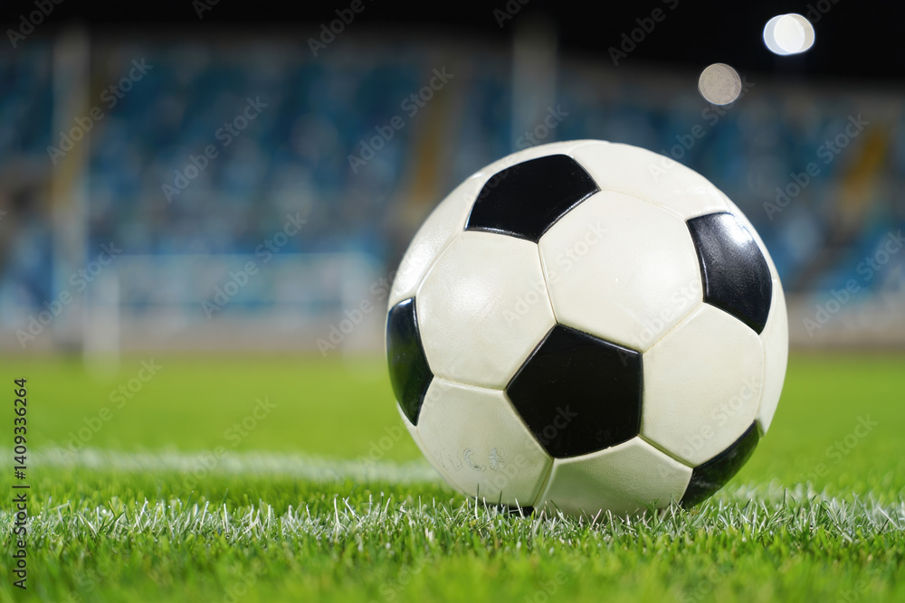 Fototapeta premium Soccer ball on grass field under stadium lights awaiting kickoff
