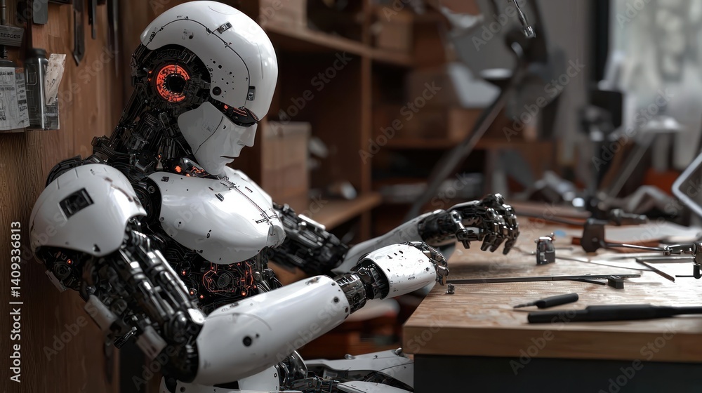 Advanced robot working at a cluttered workshop Advanced robot working at a cluttered workshop