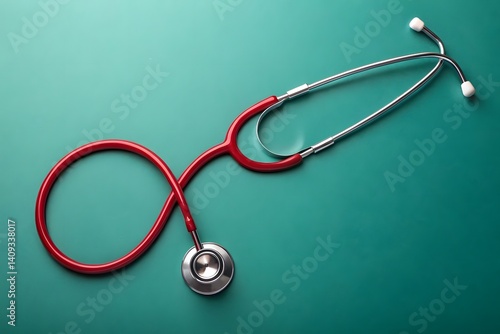 A slightly high-angle, close-up shot features a vibrant red stethoscope lying diagonally across a smooth, teal-green surface
