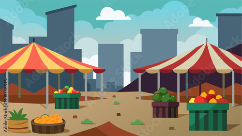 The colorful tents and vibrant produce that once filled the market have vanished leaving behind a desolate and despaired atmosphere.. Vector illustration