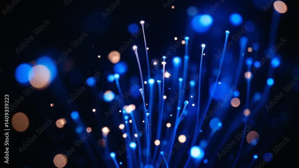 Blue optical fibers in dark space.