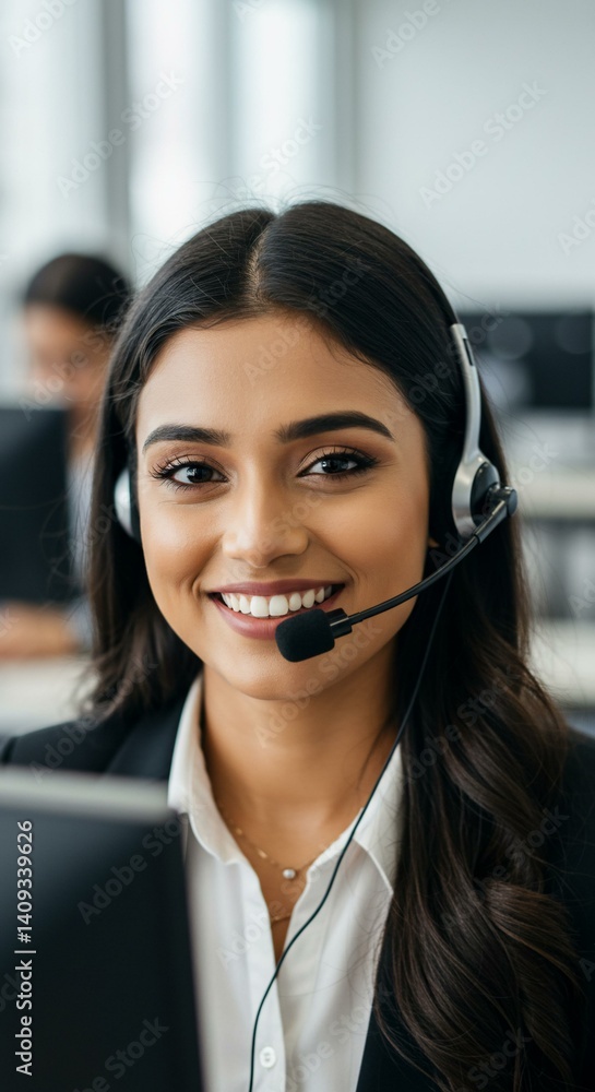 Smiling woman with headset working as a customer service representative Smiling woman with headset working as a customer service representative