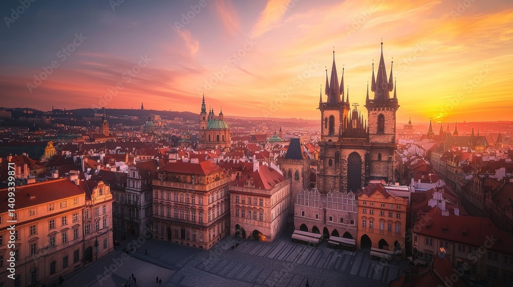 Obraz premium Sunset illuminates historic Prague with its iconic architecture over a vibrant sky