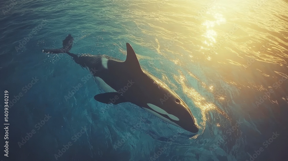 High-detail underwater view of an orca in the ocean, sunlight shining on the water surface, cinematic photography style with natural lighting, soft shadows, and clean sharp focus. High-detail underwater view of an orca in the ocean, sunlight shining on the water surface, cinematic photography style with natural lighting, soft shadows, and clean sharp focus.