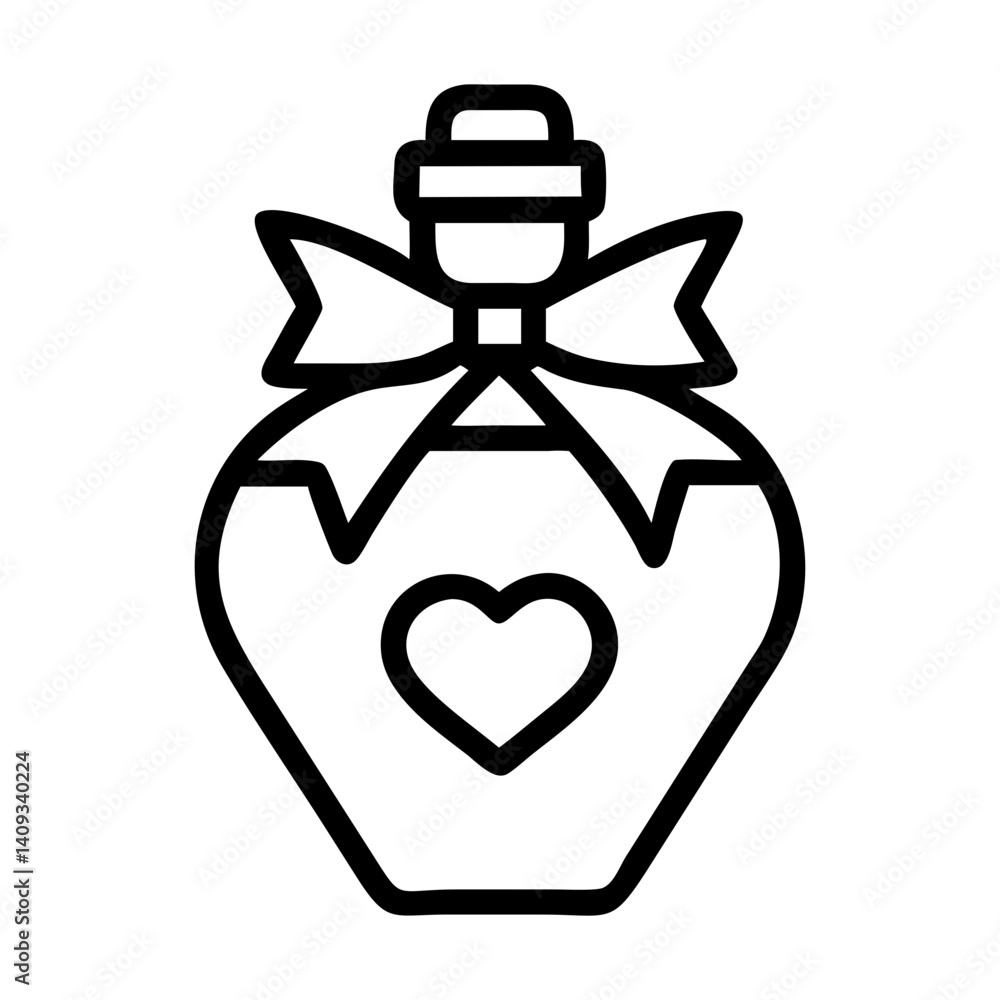 Line art perfume bottle icon with a ribbon and heart design Line art perfume bottle icon with a ribbon and heart design