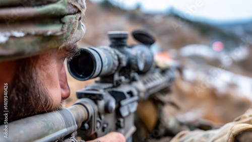 A focused sniper lies prone, aiming down the scope of a high-powered rifle. Dressed in camouflage gear, he steadies his breath, finger poised on the trigger, ready for a precise shot.