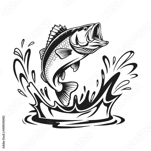 Black and white illustration of a largemouth bass fish leaping out of water