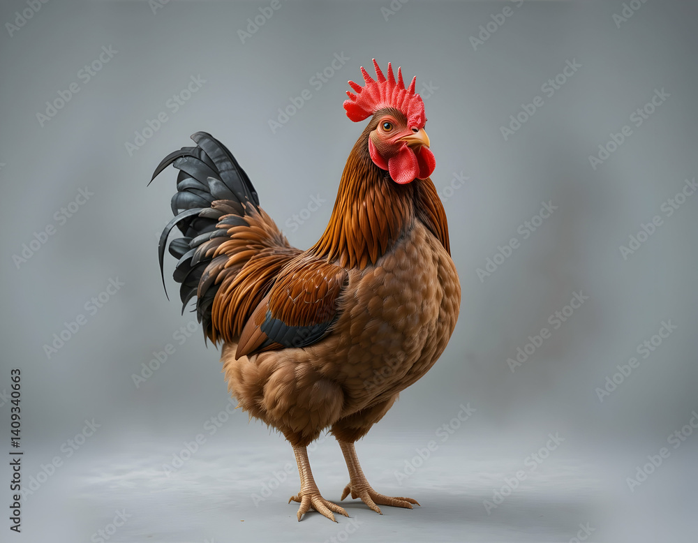 Fototapeta premium Rooster Standing Proudly on Gray Background Animal Portrait
