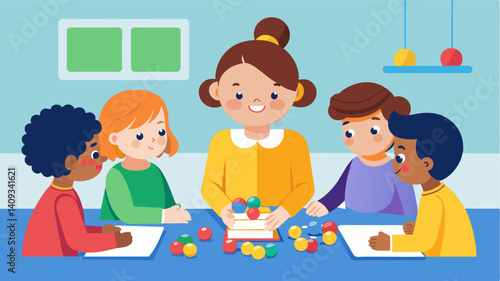 A classroom of children gather around a teacher learning about the basics of unsupervised learning through a handson activity with colored beads.. Vector illustration