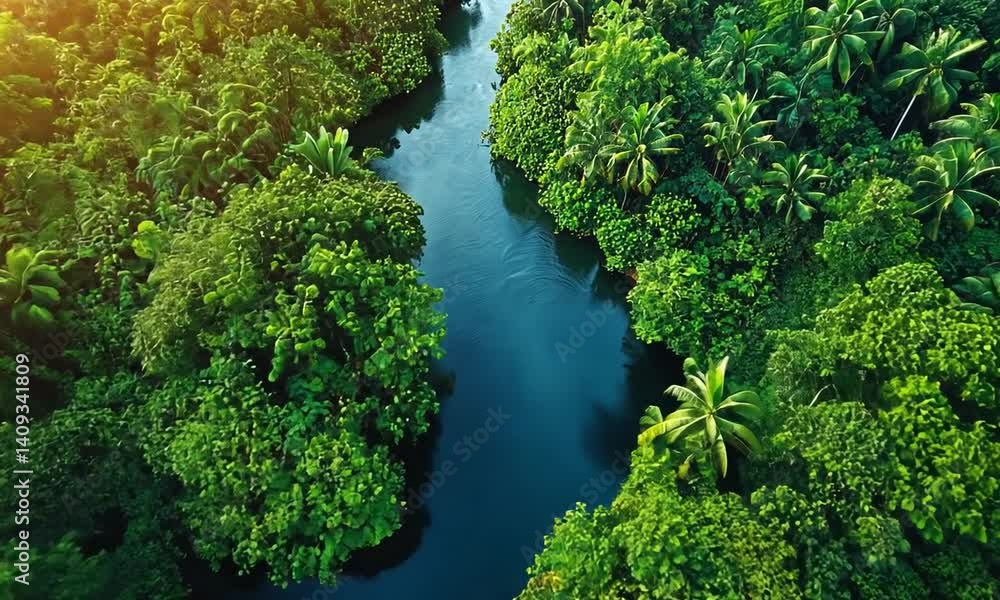 Lush jungle river winding through dense foliage. Lush jungle river winding through dense foliage.